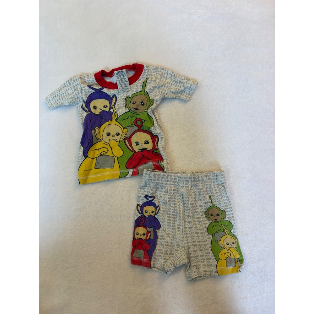 Vintage 1999 Teletubbies Pajama Set 3T Short Sleeve Shirt Shorts Uh-Oh Print